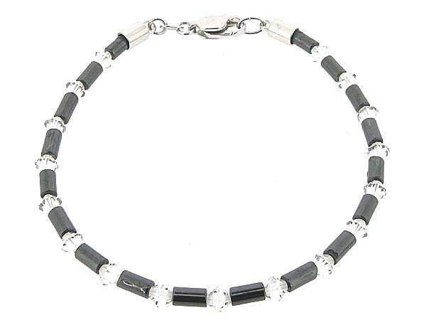 Hematiet armbandje met cilindrische edelsteentjes, gecombineerd met kristallen