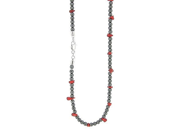 Hematiet collier met edelsteentjes, gecombineerd met rode split steentjes