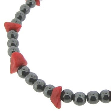 Hematiet collier met edelsteentjes, gecombineerd met rode split steentjes