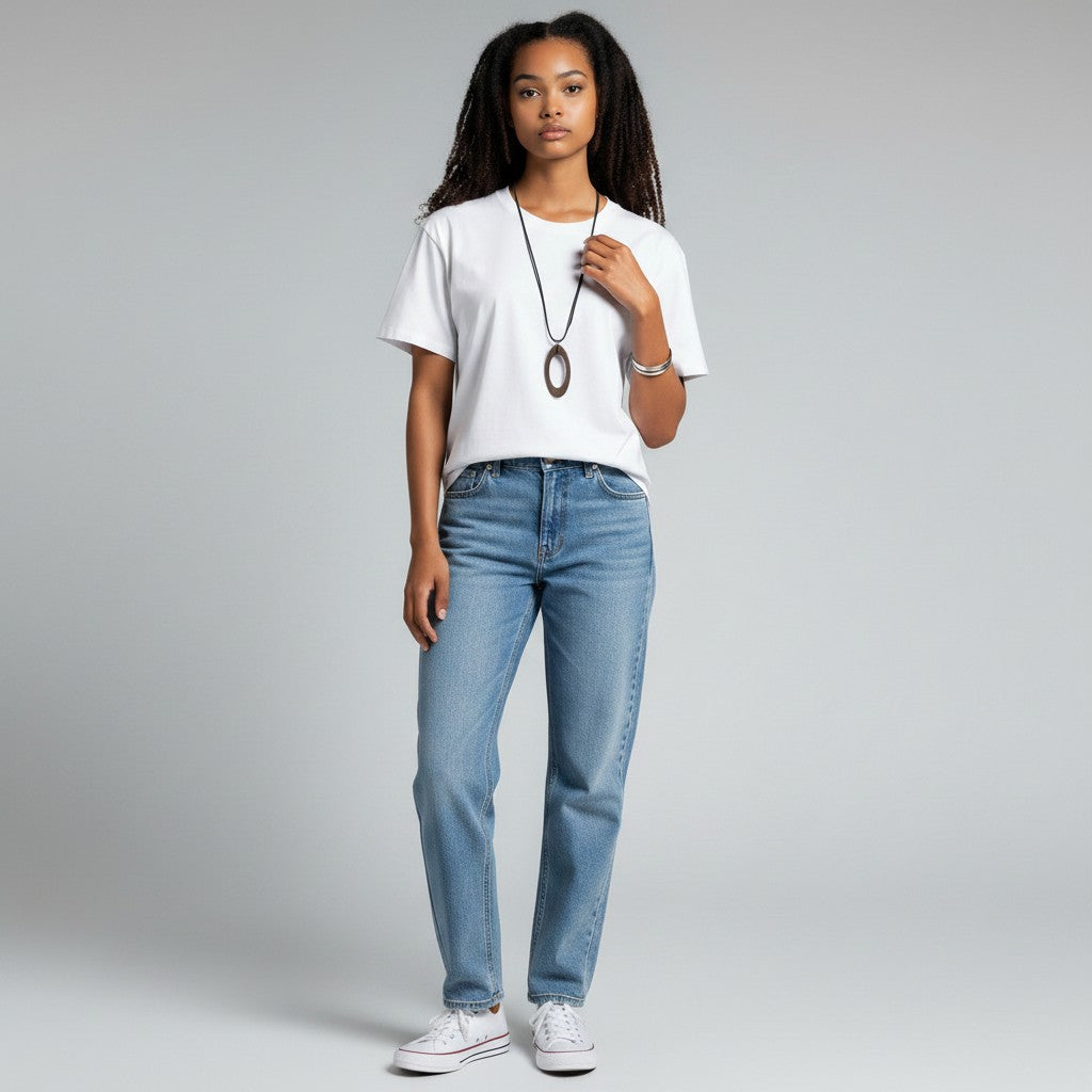 Model draagt een mijnsieradenshop.com collier met ovale ebbenhouten hanger en diamant aan een lang edelstalen koord