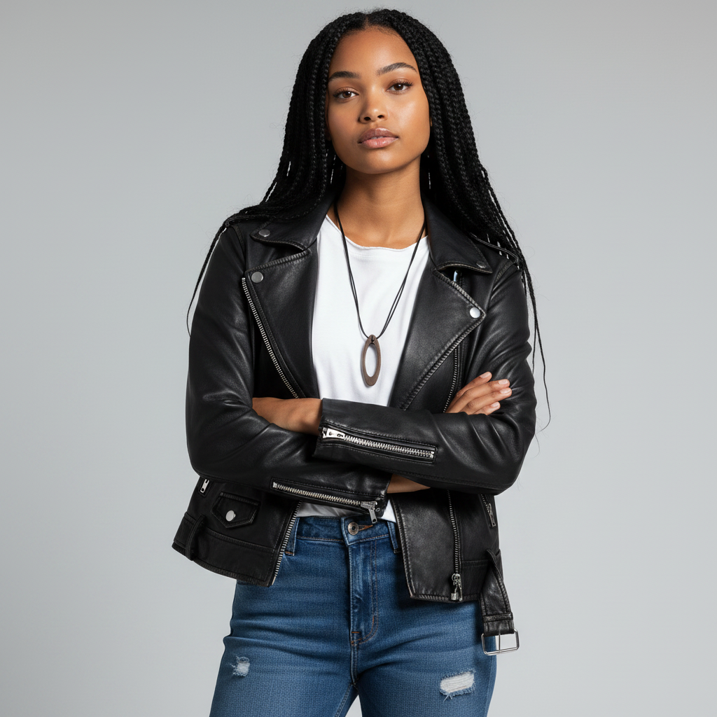 Model wearing a mijnsieradenshop.com oval ebony wood pendant necklace with a diamond accent on a black leather jacket